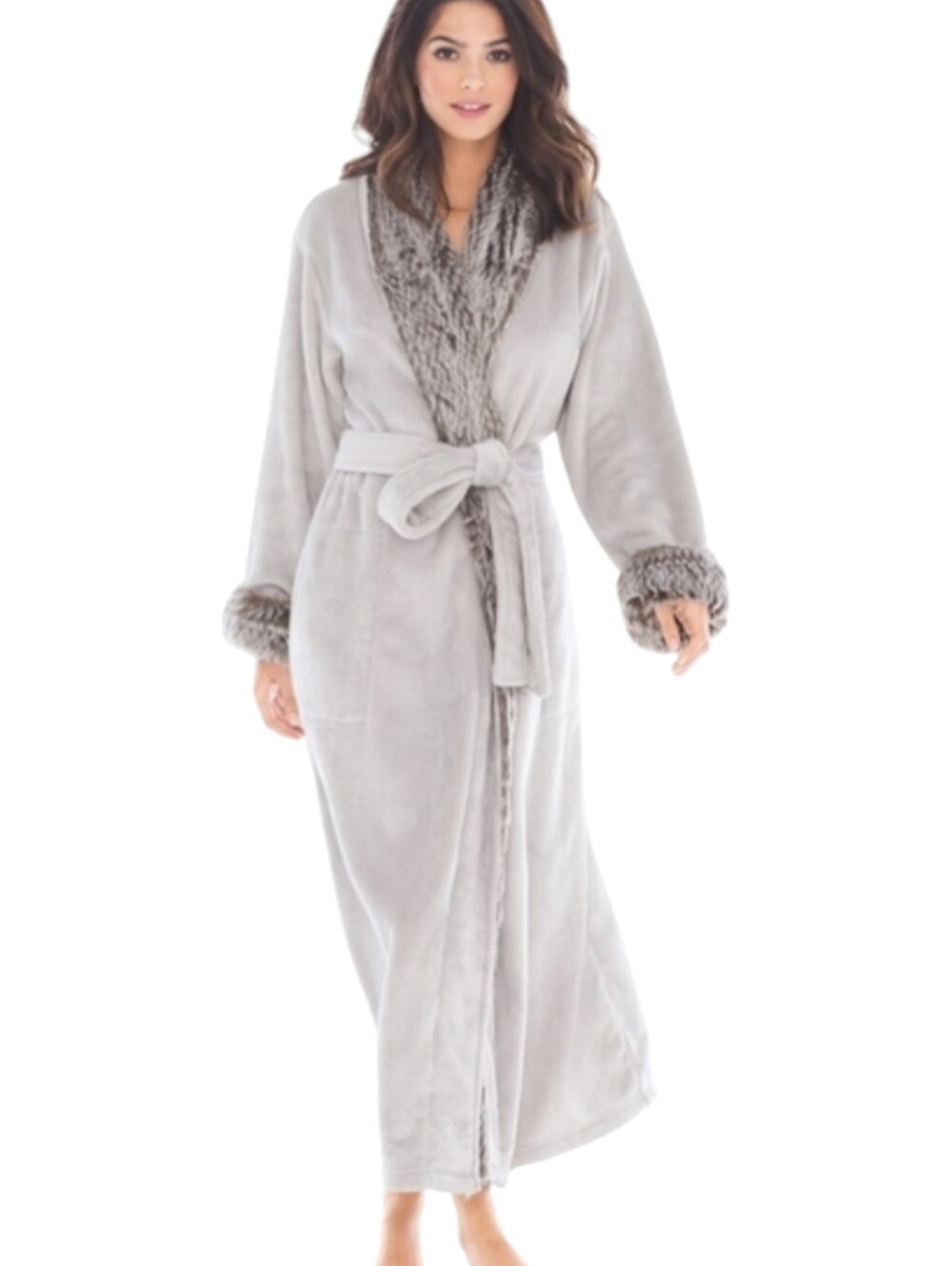 NATORI Robe Frosted Faux Shearling Trim Ash Gray Luxe Plush Quiet Luxury Sz M